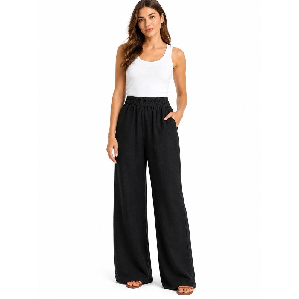 Neiman Marcus 100% Linen Black Pull On Pants Medium Elastic Waist Coastal Boho
